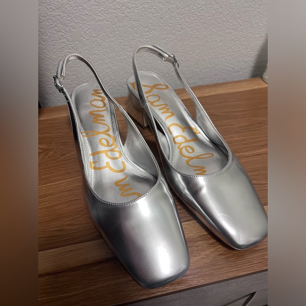 Sam Edelman Metallic Silver Slingback Kitten Heel